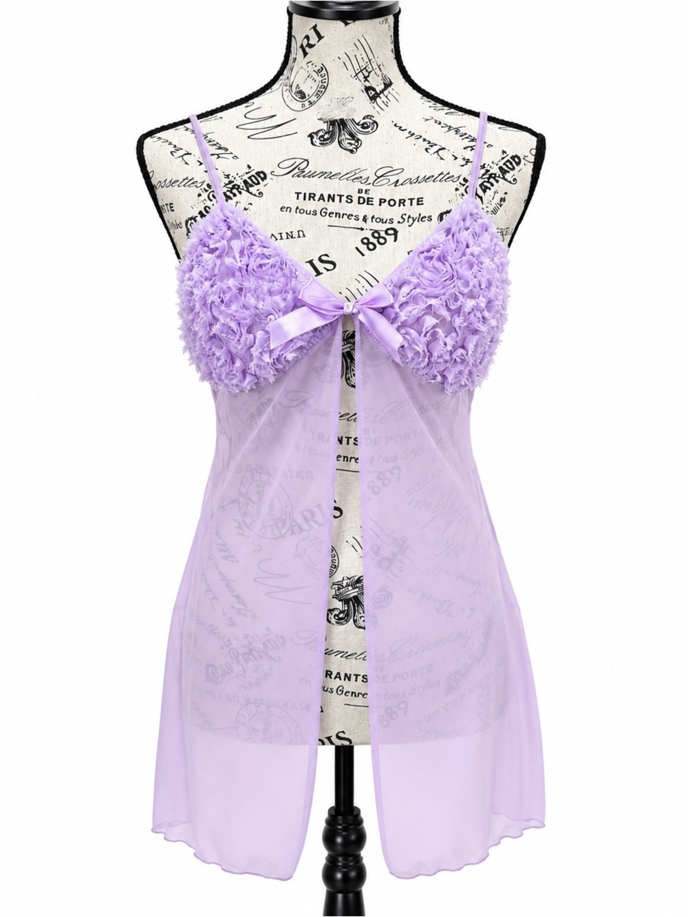 Lavender Floral-Texture Sheer Babydoll Chemise with Bow